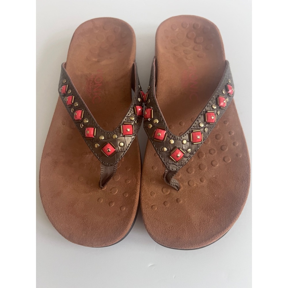 Vionic Floriana Sandals Womens 8 Brown Pink Studded Orthotic Flip Flops 340